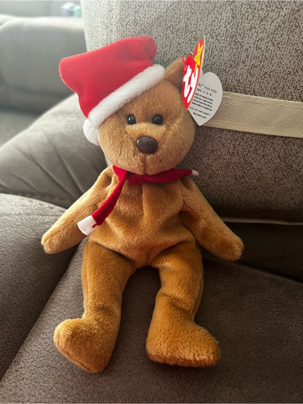 Ty “Teddy” Brown Plush Bear with Red and White Santa Hat